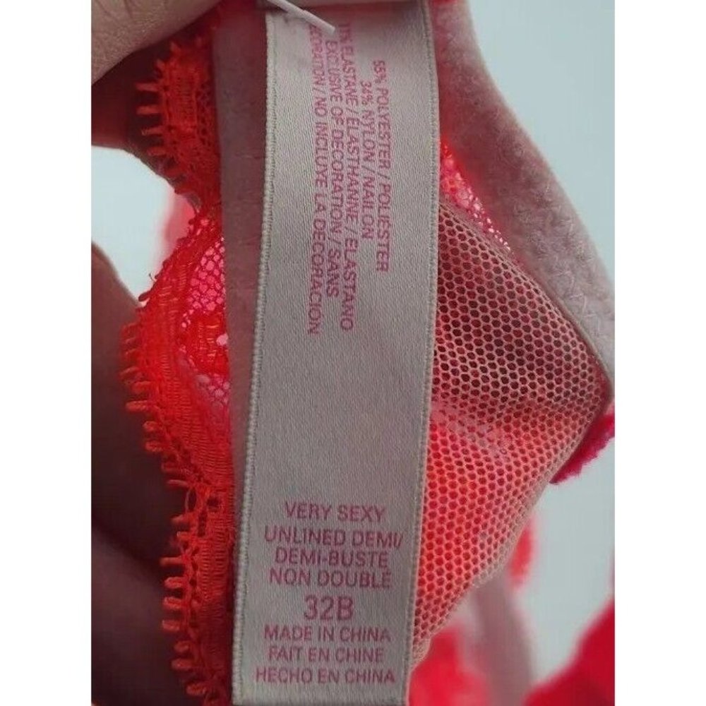 Victoria’s Secret Very Sexy Unlined Demi Neon Pink Sheer Lace Bra Size 32B - Picture 8 of 9